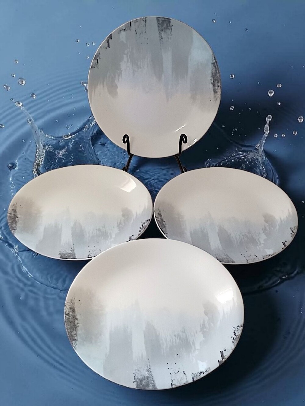 4 Corelle Tranquil Reflection Plates Lunch Side Salad Blue Gray Brush Strokes